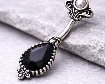 Edelstahl Schwarz Viktorian Design Bauchnabel Ring - Teardrop CZ Nabel Schmuck