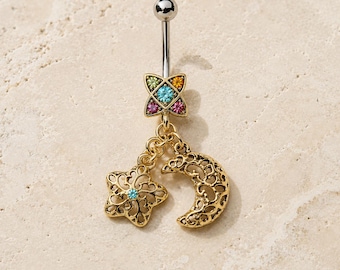 Gold Moon Star Dangle Navel Ring 14G | Aqua CZ Belly Ring | Celestial Body Jewelry