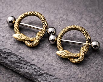 Vergoldeter Goldener Schlangen-Nippelring - 14GA Gothic Schlangennippelring (Als Paar erhältlich)