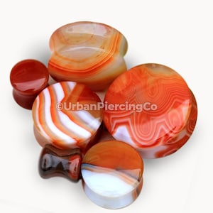 Natural Red Stripe Agate Stone Saddle Plugs | Round Double Flare | Unique Natural Stone Jewelry | Sold as Pair