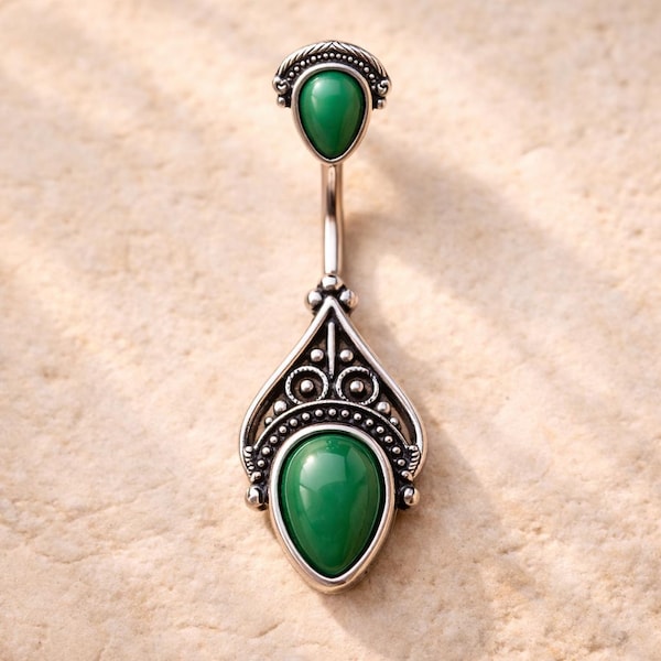 Victorian Green Belly Button Ring Antique Teardrop Navel Ring 14G Stainless Steel Vintage Boho belly Jewelry