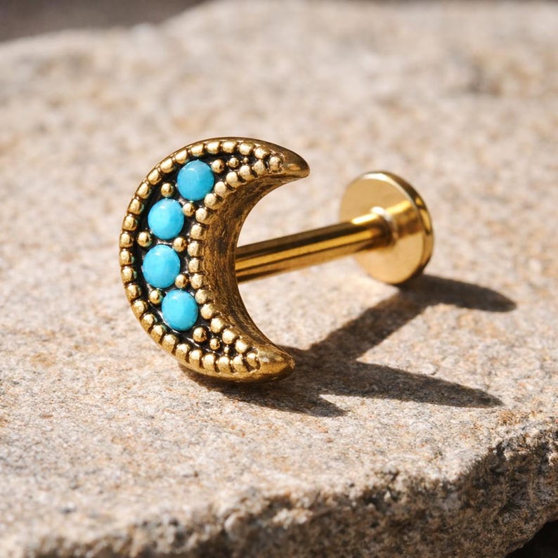 Gold Plated Turquoise Crescent Moon Labret – 16G Boho Piercing - Etsy