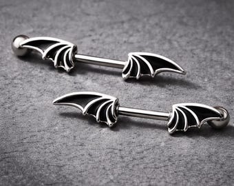 Surgical Steel Bat Wings Nipple Bar Pair – Gothic Stainless Steel 14GA Nipple Piercing Jewelry – Antiqued Wing Body Jewelry