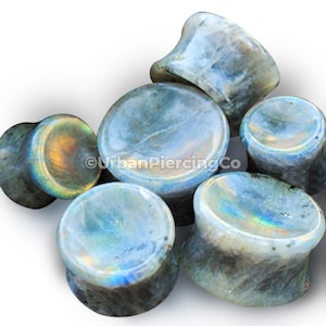 Natural White Labradorite Concave Stone Saddle Plug - Double Flare Saddle Plug - Unique Iridescent Stone Jewelry