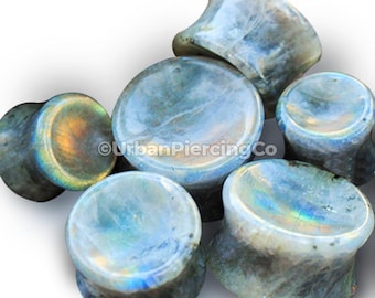 Natural White Labradorite Concave Stone Saddle Plug - Double Flare Saddle Plug - Unique Iridescent Stone Jewelry