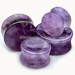 Natural Amethyst Concave Stone Saddle Plugs - Sold as Pair - Unique Double Flare Ear Jewelry