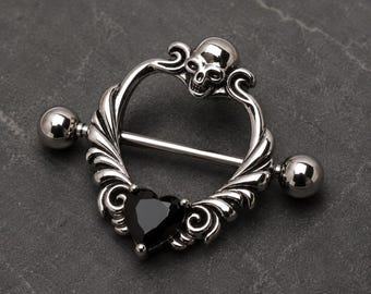 Brustwarzenpiercing mit Totenkopf und Herz, 14G, Paar | Schwarzer gotischer Brustwarzenschmuck mit Zirkonia | Dunkles Körperpiercing
