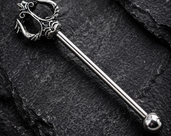 Stainless Steel Ancient Trident of Poseidon Industrial Barbell - Unique 16GA Body Jewelry