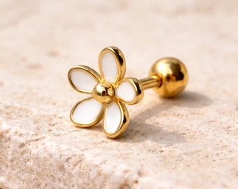Gold Plated Daisy Cartilage Earring, White Enamel Flower Tragus Stud, Cute Floral Helix Piercing Jewelry, 16G Cartilage Stud