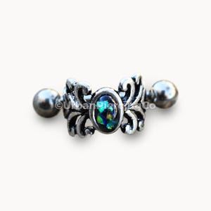 Stainless Steel Medieval Design Vine Cartilage Cuff Earring with Green & Blue Opal