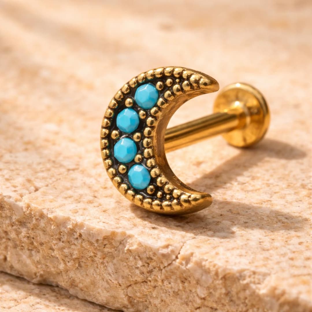 Gold Plated Turquoise Crescent Moon Labret – 16G Boho Piercing - Etsy