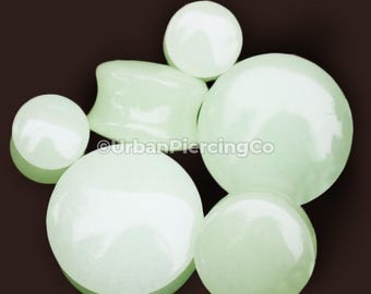Natural Glow in the Dark Moonstone Saddle Plugs | Handmade Double Flare Ear Plugs | Unique Green Stone Jewelry | Sold as Pair