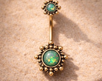 Grüner Opal Nabelring Gold Perlen Bauchring | Boho Bauchnabelpiercing 14G | Erdige Opal Bauch Schmuck