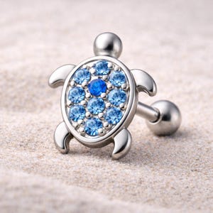 Ocean Blue Turtle Cartilage Earring – 316L Stainless Steel Tragus Stud with CZ Shell