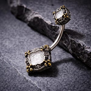 Ornate Metallic Gem Navel Ring – 316L Stainless Steel Belly Button Jewelry