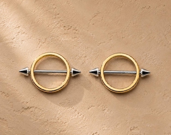 Goldene, runde Brustwarzenpiercings mit Stacheln, 14G, Paar | Brustwarzenpiercing mit Spiegelglanz | Auffälliges Körperpiercing