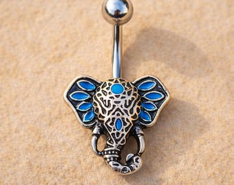 Tribal Elefant Bauch Ring Aqua Emaille Boho Nabel Ring 14G Edelstahl Antik schwarz Schmuck