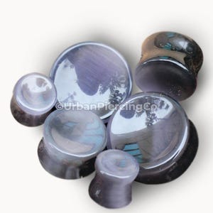 Natural Dark Grey Cat&#39;s Eye Concave Stone Saddle Plugs - Sold as Pair | Unique Metallic Dark Grey Finish | Double Flare Design