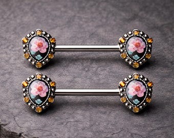 Edelstahl Blume Teardrop Nipple Bar Paar - Rosa Harz Blumenanhänger mit Topas CZ - 14GA Antique Style Nippelschmuck