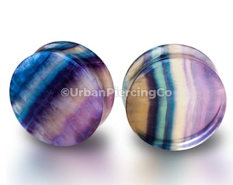 Natural Rainbow Fluorite Stone Saddle Plug - Double Flare Ear Plug Jewelry Sold As Pair