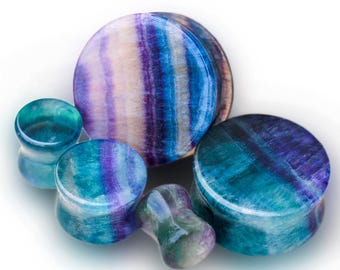Pair Natural Rainbow Fluorite Stone Ear Plugs – Double Flare Saddle – 1 Inch (25mm) – Blue Palm Jewelry