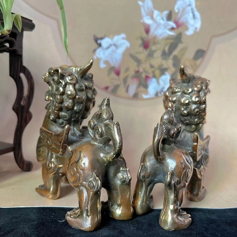 A Pair of Copper Feng Shui Wealth PIXIU Kei Loons Dragon Horse Heavenly Unicorn, Wealth Prosperity Pair of Fu Foo Dogs Guardian Lion Statues image 10
