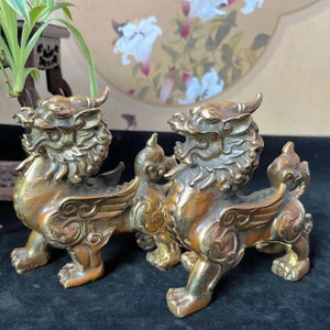 A Pair of Copper Feng Shui Wealth PIXIU Kei Loons Dragon Horse Heavenly Unicorn, Wealth Prosperity Pair of Fu Foo Dogs Guardian Lion Statues image 5