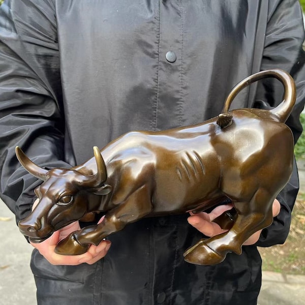 Large Antique Pure Copper Bull Ornament,Copper Bull Solid Ox Copper Lifelike bull Statue,Brass Art bull Animal porch Tabletop Art Decoration