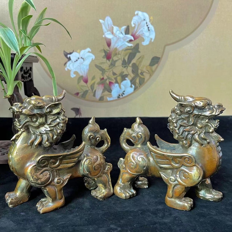 A Pair of Copper Feng Shui Wealth PIXIU Kei Loons Dragon Horse Heavenly Unicorn, Wealth Prosperity Pair of Fu Foo Dogs Guardian Lion Statues image 4