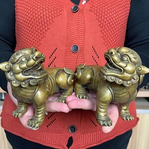 A Pair Copper brass Lion Fu Dog lion Statue Feng Shui Decoration Prosperity Home Office Sculpture Gift House statue, Marked FengShui wealth