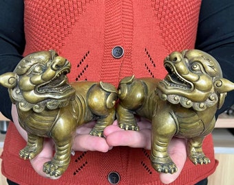 A Pair Copper brass Lion Fu Dog lion Statue Feng Shui Decoration Prosperity Home Office Sculpture Gift House statue, Marked FengShui wealth