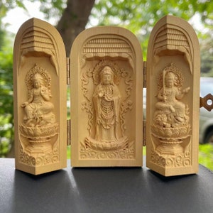 Buddha Statue Sculpture,Wood Carving 3 folds foldable Wooden Box Decor Mini Buddhist Altar,Portable Temple Amitabha Natural wood Hand Carved