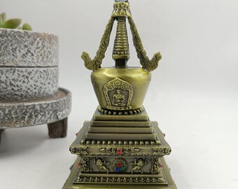 4.8 Inches Tibetan Metal Buddhist Stupa, Treasure Statue,Sculpture Metal Decorative Blessing Tibetan Bronze Buddha Buddhist Blessing Pyramid