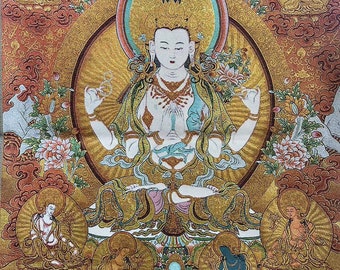Tibetan Buddhist Cloth Art silk four-arms bodhisattva Buddha religion Thangka Hand-Painted Nepal Buddha Mandala decor Wall Art Prints Poster