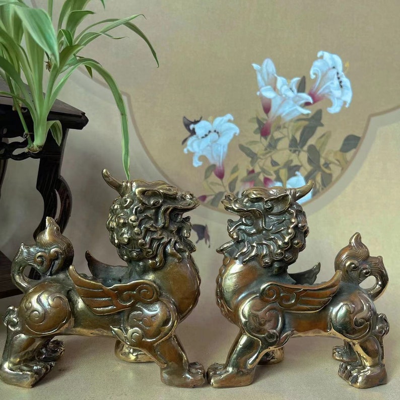 A Pair of Copper Feng Shui Wealth PIXIU Kei Loons Dragon Horse Heavenly Unicorn, Wealth Prosperity Pair of Fu Foo Dogs Guardian Lion Statues image 8