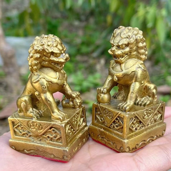 Een paar Mini vergulde Koperen Feng Shui Geld Rijkdom Leeuw rijkdom geluk Hemelse Eenhoorn, Rijkdom Welvaart Foo Dogs Guardian Lion Standbeelden
