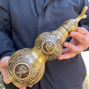 Large Brass beautiful gourd Ornament, Feng Shui Decor recruit wealth auspicious Ruyi gourd collection crafts, copper desktop art  decoration