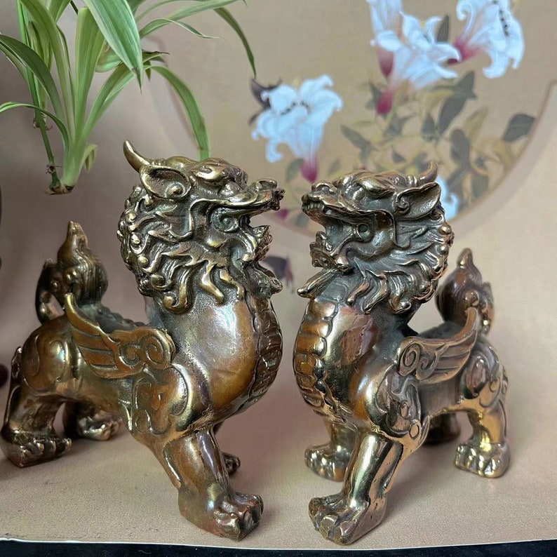 A Pair of Copper Feng Shui Wealth PIXIU Kei Loons Dragon Horse Heavenly Unicorn, Wealth Prosperity Pair of Fu Foo Dogs Guardian Lion Statues image 3