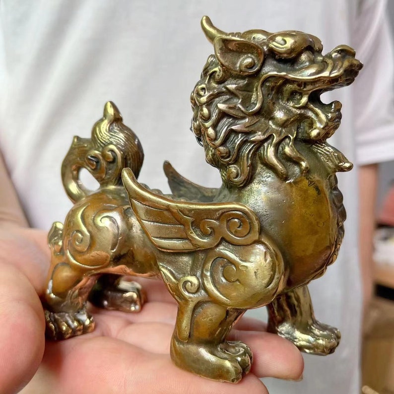 A Pair of Copper Feng Shui Wealth PIXIU Kei Loons Dragon Horse Heavenly Unicorn, Wealth Prosperity Pair of Fu Foo Dogs Guardian Lion Statues image 2