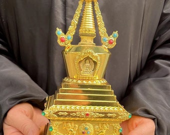 Nepal Handcrafted Metal Buddha Stupa, Buddhist Souvenir, Tibetan Buddhist Chorten Treasure Craft Religious Artifacts Tower Feng shui decor