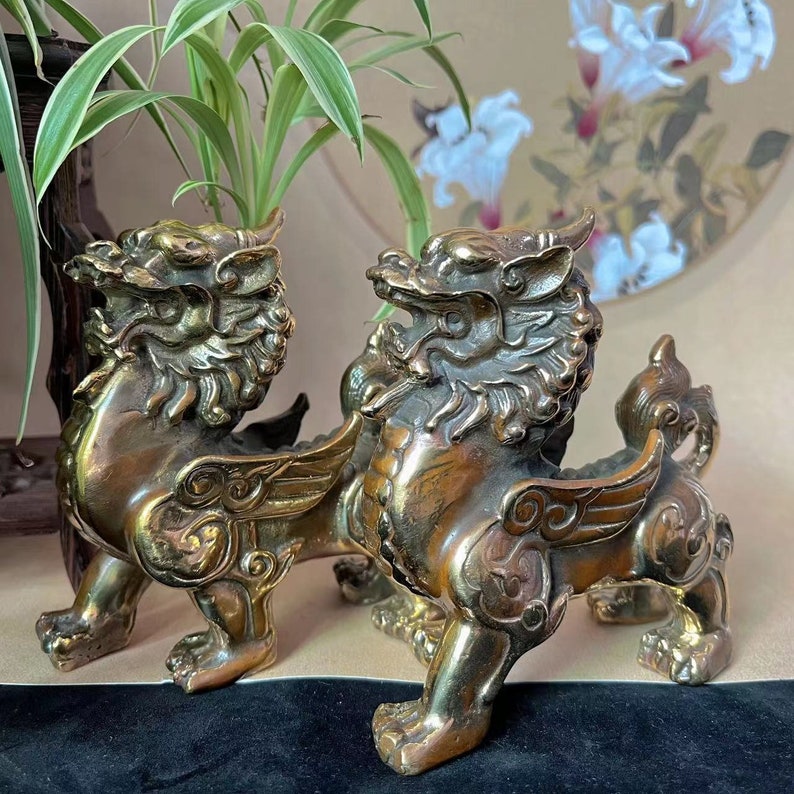 A Pair of Copper Feng Shui Wealth PIXIU Kei Loons Dragon Horse Heavenly Unicorn, Wealth Prosperity Pair of Fu Foo Dogs Guardian Lion Statues image 7