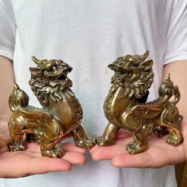 A Pair of Copper Feng Shui Wealth PIXIU Kei Loons Dragon Horse Heavenly Unicorn, Wealth Prosperity Pair of Fu Foo Dogs Guardian Lion Statues image 1