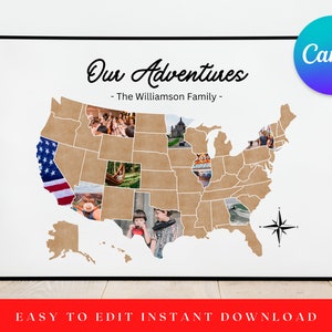 Personalized USA Photo Map Collage, Family Travel, 50 States Photo Map, DIY Gift, Instant Download Printable Template