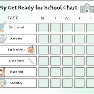 May include: A printable chart to help children get ready for school. The chart has a list of tasks, including get dressed, make bed, eat breakfast, brush teeth, brush hair, and sunblock. There are boxes for each day of the week, Monday through Friday, to check off the tasks.