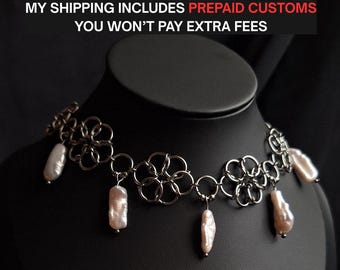 Chainmail and freshwater pearls necklace. Stainless steel. Rave chocker. Gothic style. Alternative jewelry