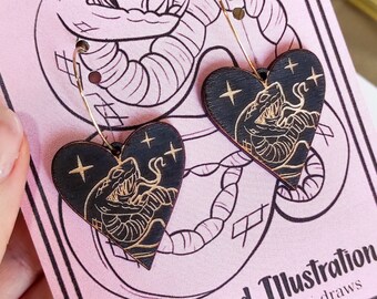 Black Snake Heart Drop Earrings: Gothic and Edgy Jewelry