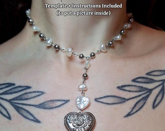 Nosferatu Locket Necklace. Gothic Jewelry. Vampire choker. Valentine's day gift. With pearls.