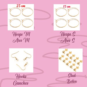 Puede incluir: Cuatro pares de pendientes de aro dorados en dos tama&ntilde;os: 2,5 cm y 1,5 cm. Tambi&eacute;n se muestran tres ganchos para pendientes dorados y un juego de 12 pendientes de bot&oacute;n dorados.