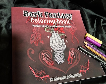 Dark Fantasy Coloring Book, All ages. Fantasy theme: medieval weapons, gothic windows, animals...