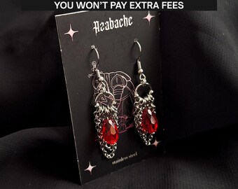 Elegant chainmail earrings with red crystals. Vampire style jewelry. Gothic small drops.